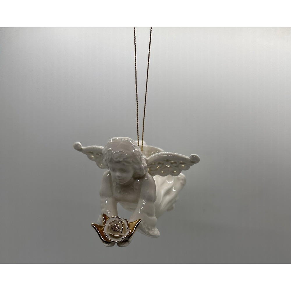 Mud Pie 1993 Porcelain Angel Ornament White Gold Rose Wings‎ VTG Christmas